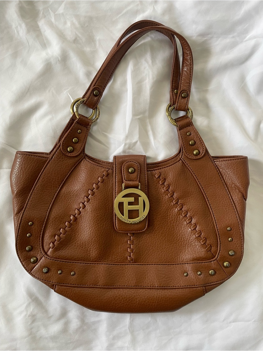 Y2K Tommy Hilfiger Cognac Pleather Shoulder Bag with Brass Logo